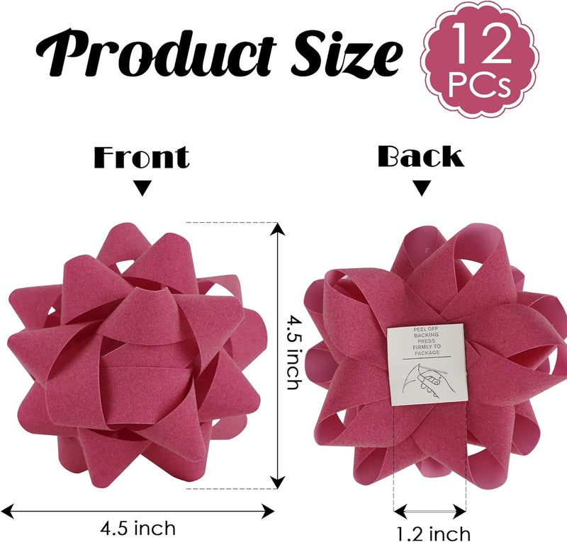 LiBongTa 4.5 Inch Hot Pink Velvet Ribbon Gift Bow, Premade Valentines Bows for Gift Wrapping Self Adhesive, Pink Bow Party Decorations, Wrapping Bows for Presents, Holiday, Wedding, Birthday-12 Counts - Image 2